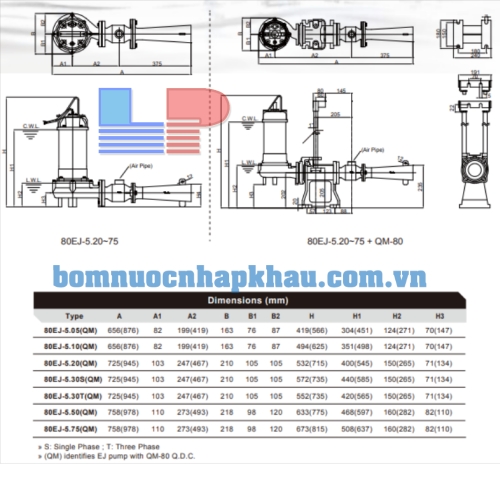 Sơ đồ kỹ thuật của máy bơm sục khí chìm Evak EJ-5.20